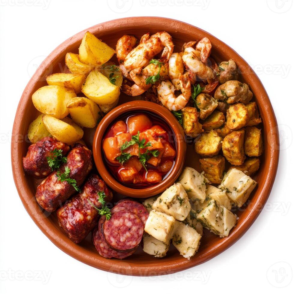 A platter of colorful tapas, including patatas bravas, gambas al ajillo, and chorizo al vino, photo