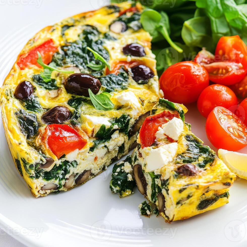 A plate of food with a slice of quiche and a salad photo
