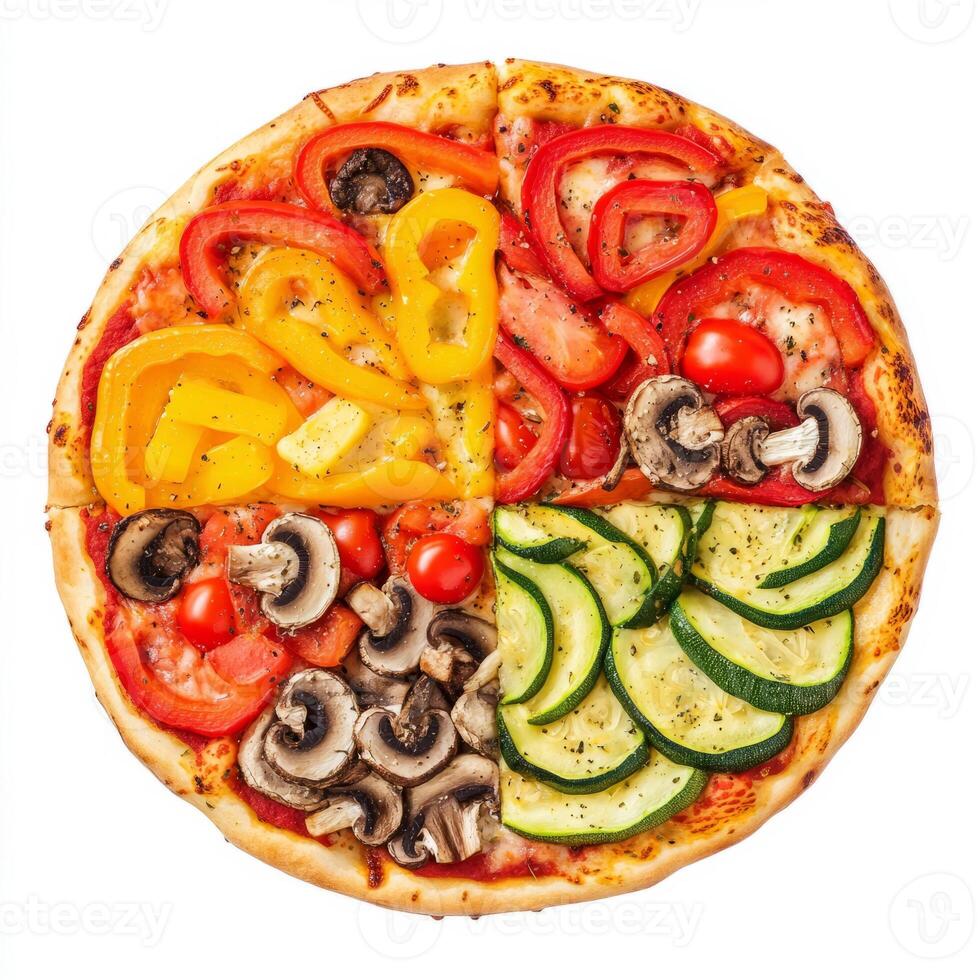 A vibrant image of a rainbow vegetable pizza, with colorful toppings of bell peppers, zucchini, photo
