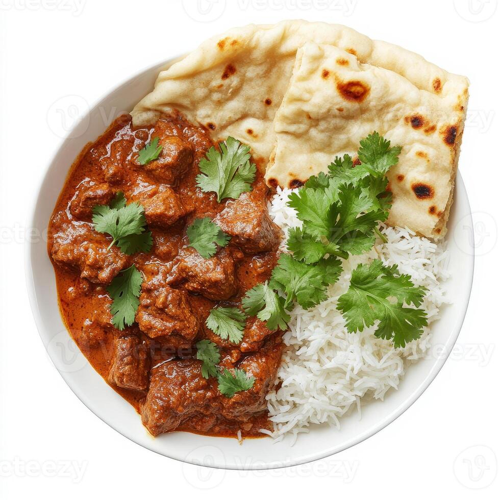An image of a bowl of spicy vindaloo curry, served with basmati rice and naan bread, garnished with photo