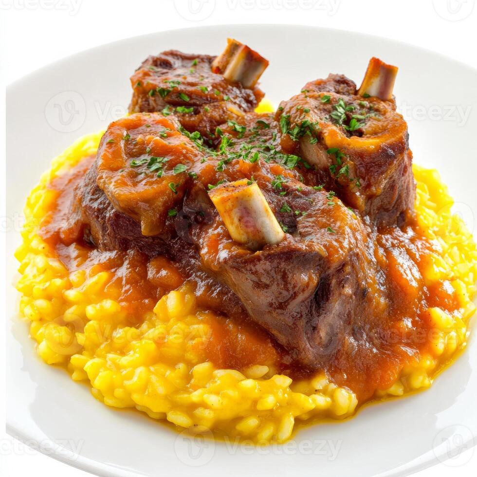 A plate of lamb chops with yellow rice and sauce photo