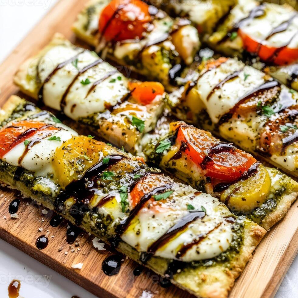 A pizza with tomatoes and cheese on a wooden board photo
