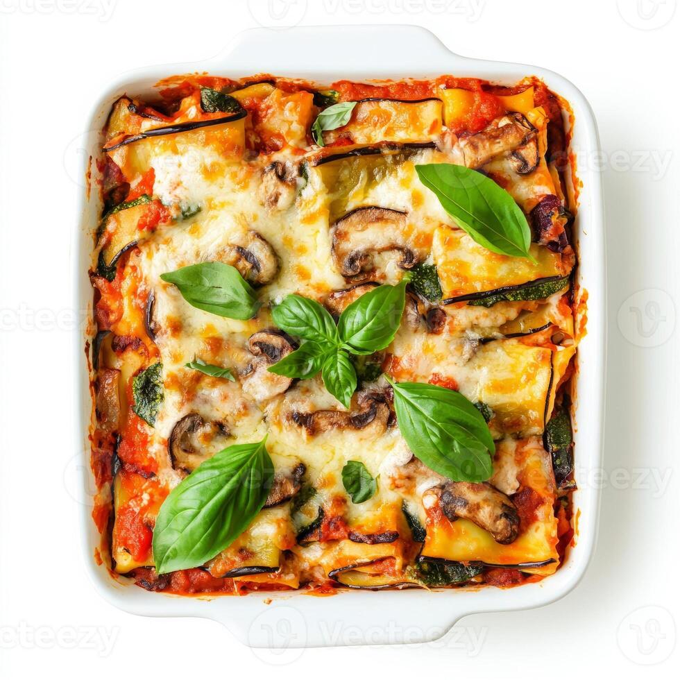 Vegan lasagna with spinach and mushrooms in a white casserole dish photo