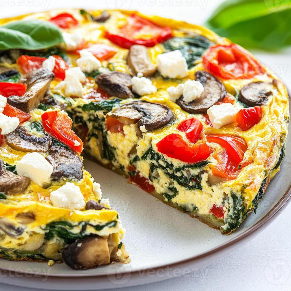 A quiche with spinach, mushrooms, and tomatoes photo