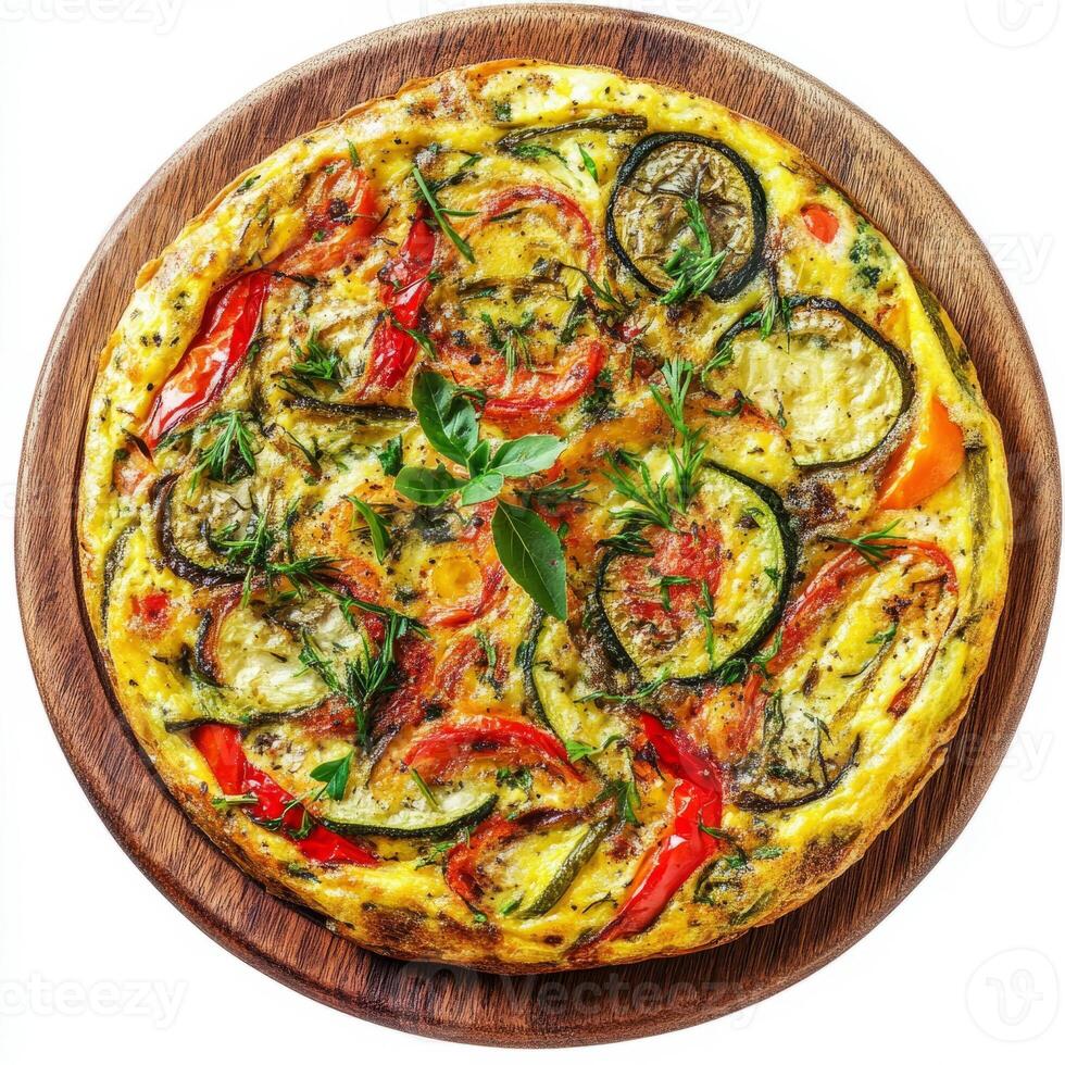 A visually appealing image of a colorful vegetable frittata, filled with seasonal vegetables and photo