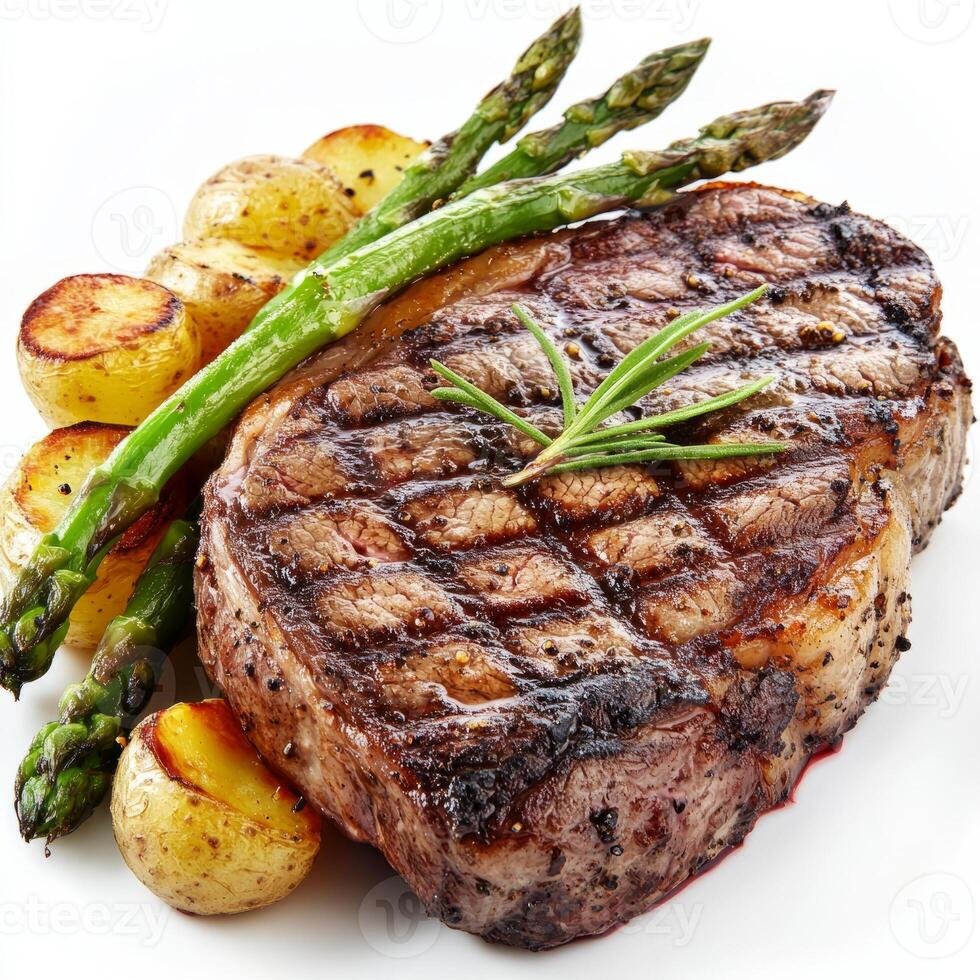 A close-up of a perfectly grilled ribeye steak, its charred surface revealing a juicy and tender photo
