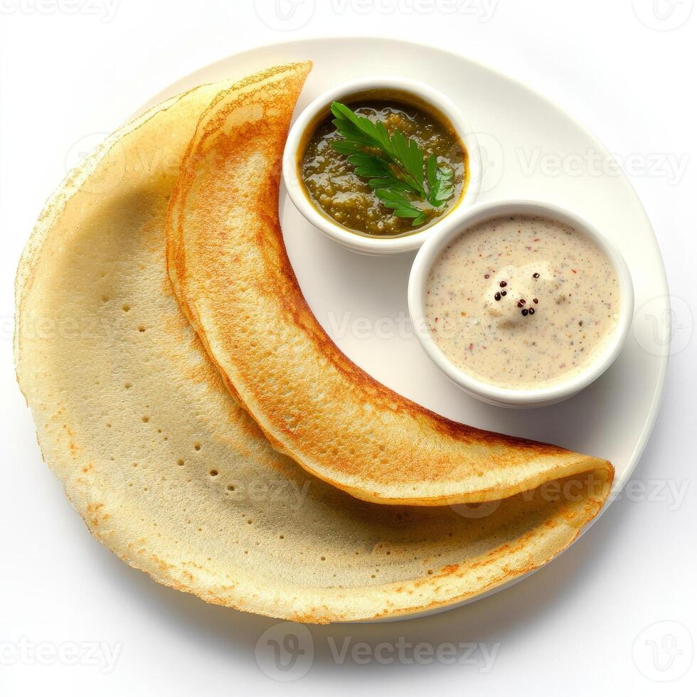 A plate with two crepes and a bowl of sauce photo