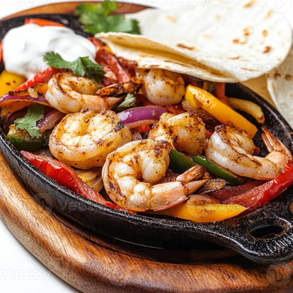 A close-up of a sizzling shrimp fajita skillet, with plump shrimp, colorful bell peppers, onions, photo