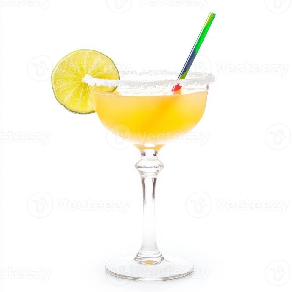 A festive margarita cocktail, made with tequila, lime juice, and orange liqueur, served in a salt-rimmed glass with a lime wedge and a colorful straw. isolated on clean white background. photo