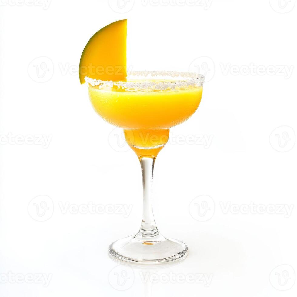 A close-up of a refreshing mango margarita, with tequila, lime juice, orange liqueur, and mango puree, served in a salt-rimmed glass with a mango slice. isolated on clean white background. photo