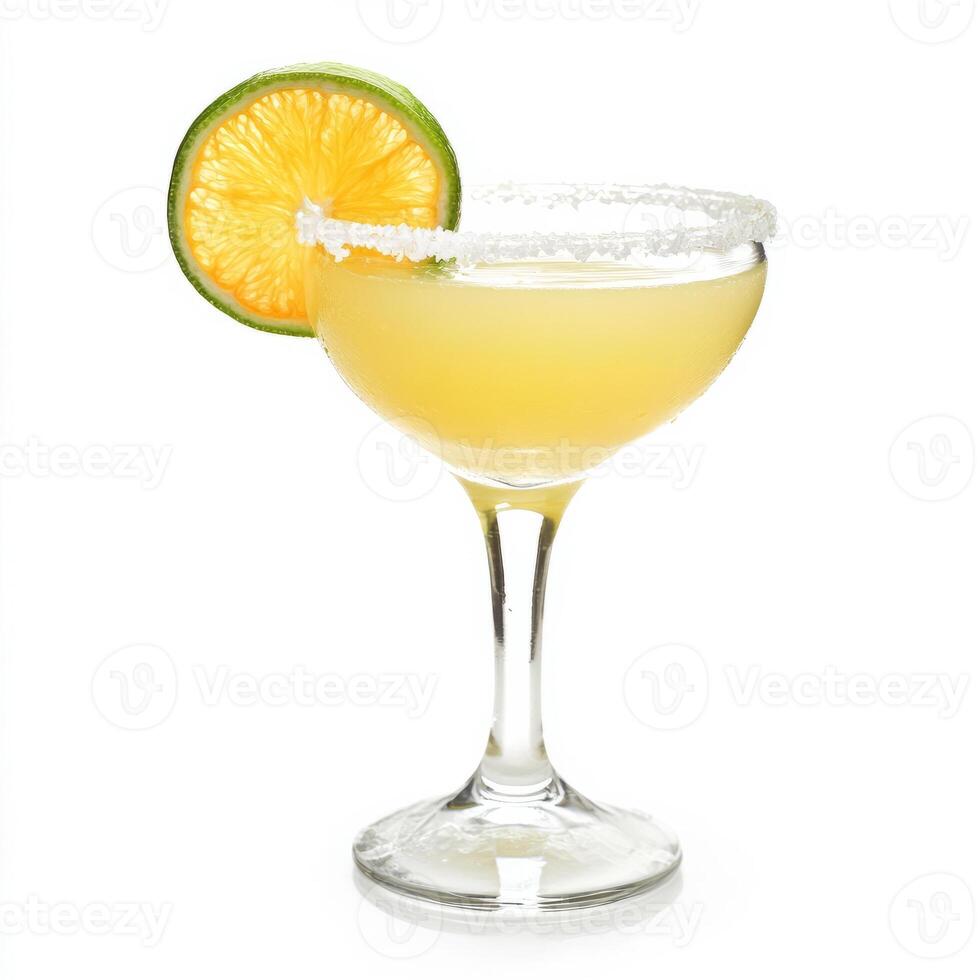 A close-up of a refreshing margarita, a classic Mexican cocktail, with tequila, lime juice, and orange liqueur, served in a salt-rimmed glass, isolated on clean white background. photo