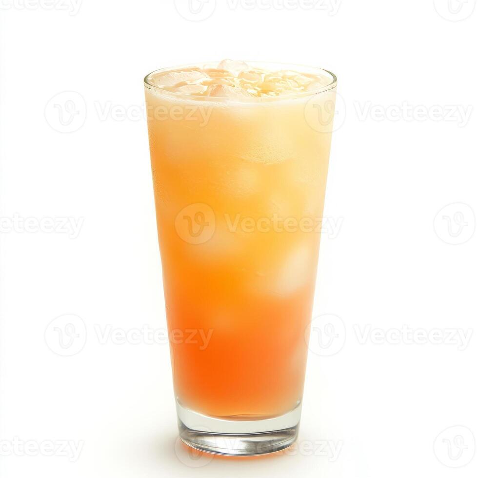 A close-up of a refreshing agua fresca, a light fruit drink made with fresh fruits, water, and a touch of sugar, served in a tall glass, isolated on clean white background. photo