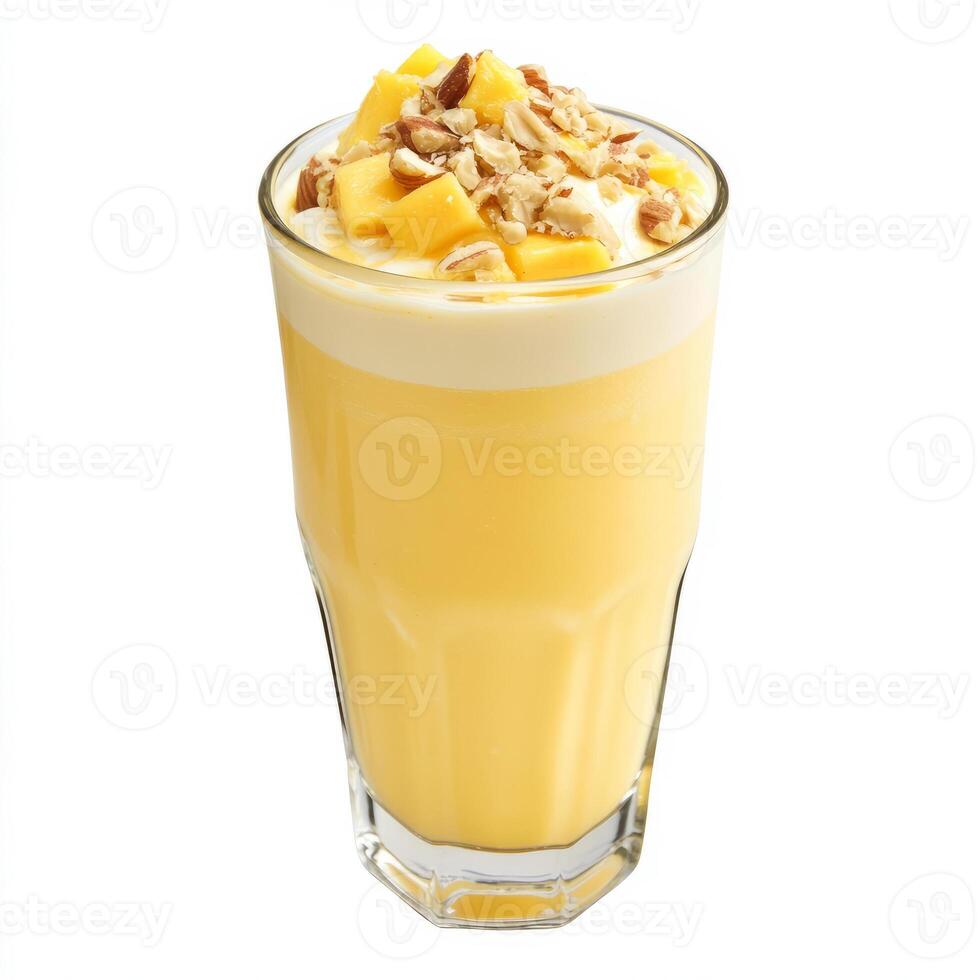 A glass of mango milkshake, with a creamy blend of mangoes, milk, and ice cream, garnished with chopped nuts, isolated on clean white background. photo