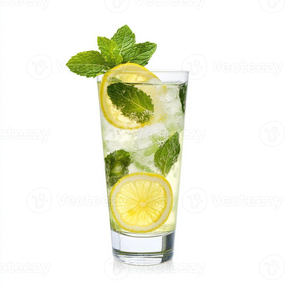 A glass of nimbu pani, with a refreshing drink made from lemon, sugar, and water, garnished with mint leaves and a slice of lemon, served in a tall glass with ice cubes, isolated on clean white photo