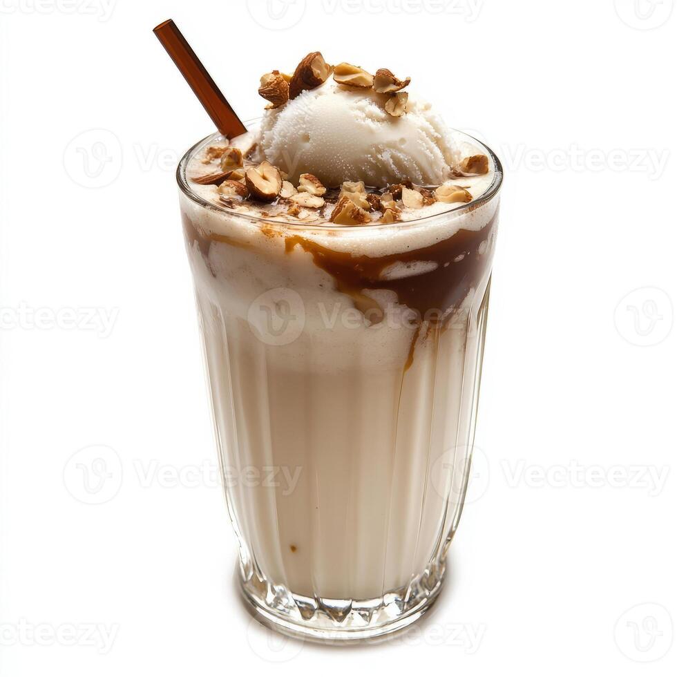 A glass of jigarthanda, with a refreshing drink made from milk, almond gum, and sarsaparilla syrup, garnished with nuts and ice cream, isolated on clean white background. photo