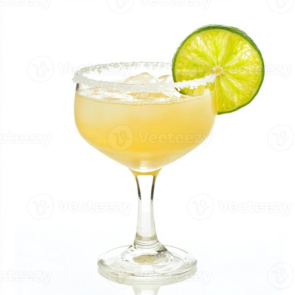 A glass of refreshing margarita, garnished with a lime wedge and a salt rim, resting on a sun-drenched patio table. The margarita, with its tart and refreshing flavor, offers a classic Mexican photo
