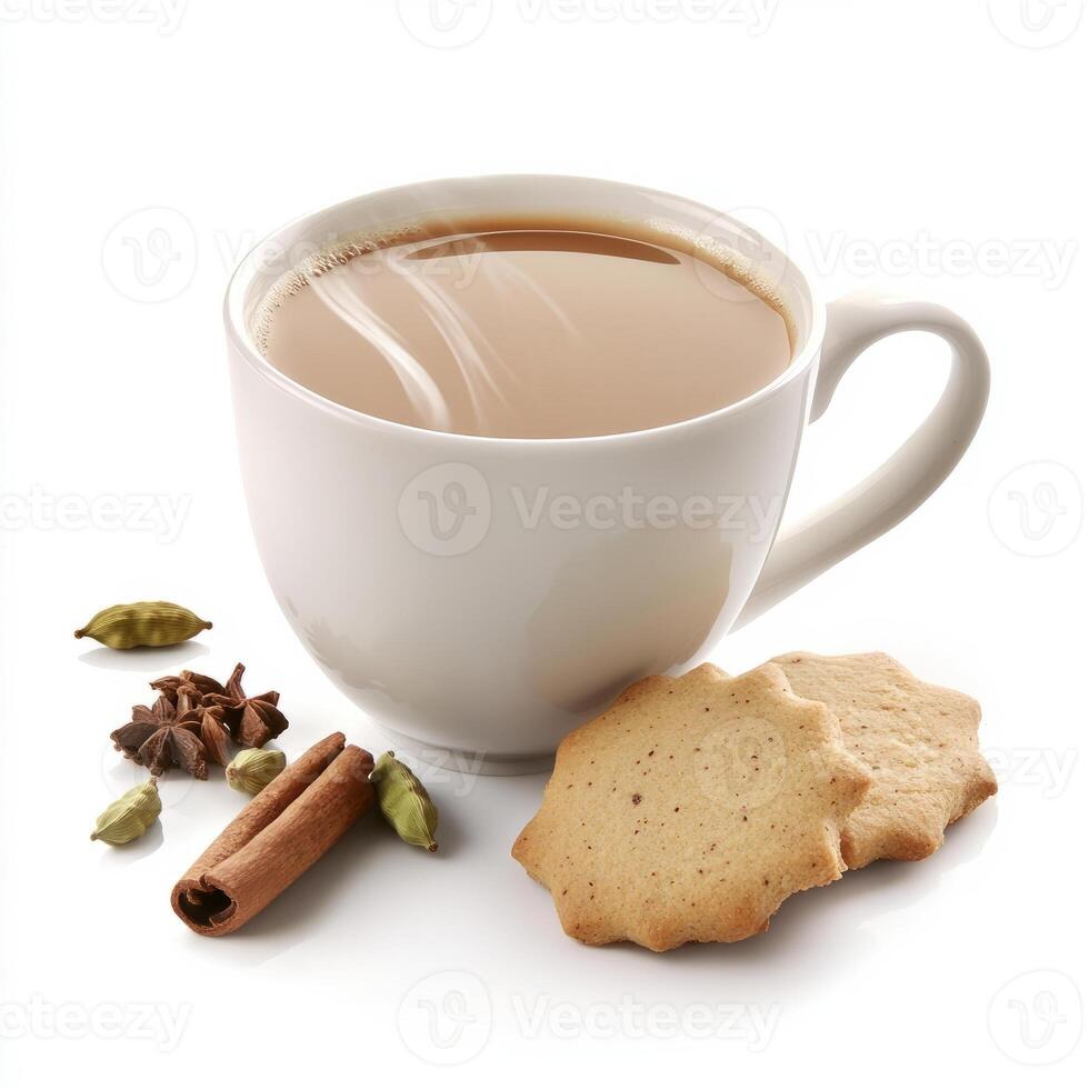 A steaming cup of masala chai, with a rich brown color and aromatic spices, served with a side of cardamom cookies, isolated on clean white background. photo