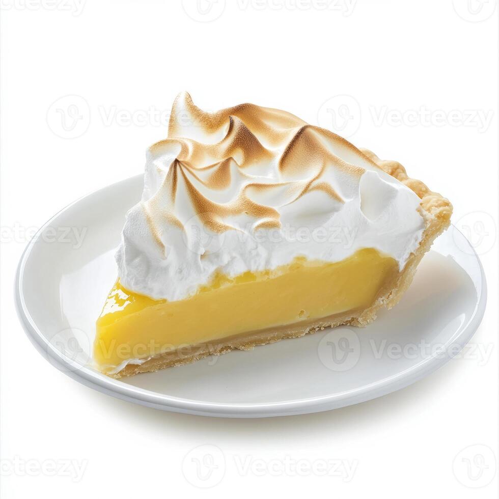 A well crafted shot of a slice of lemon meringue pie, featuring a tangy lemon custard and fluffy meringue, served on a white plate. The lemon meringue pie, with its sweet and tart flavors and airy photo