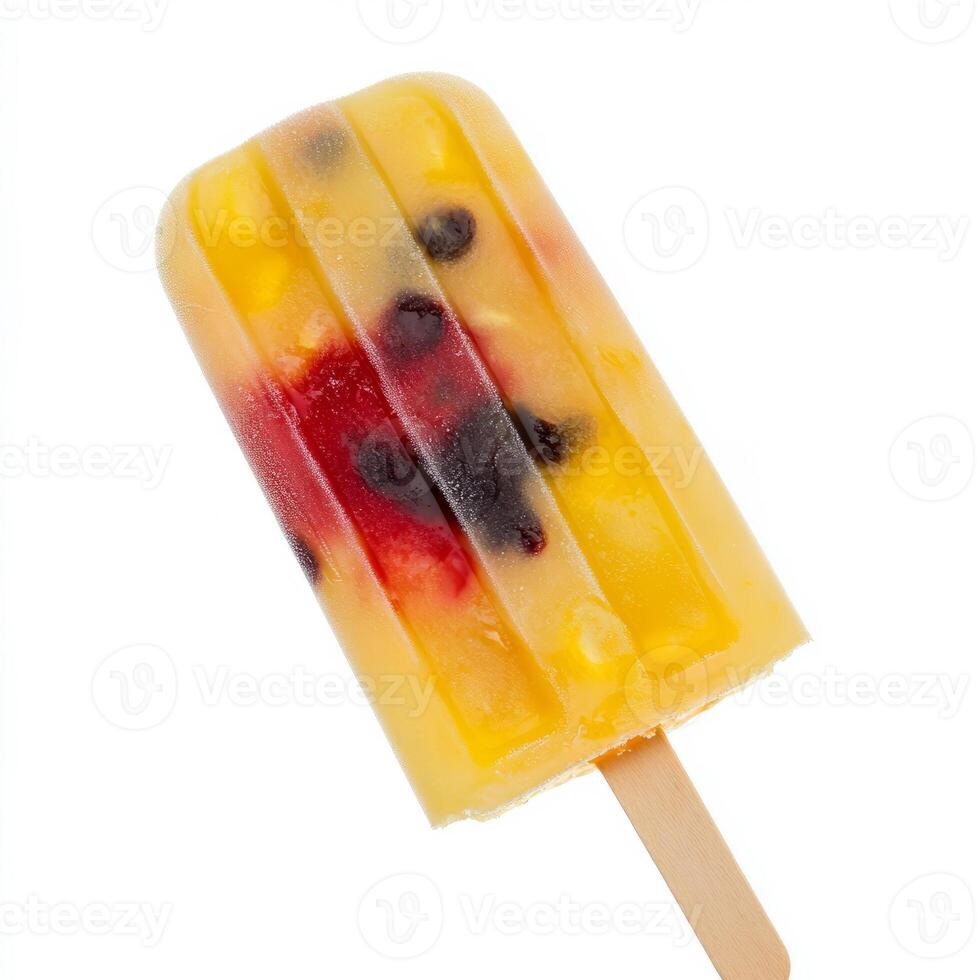 A close-up of a refreshing paleta, a Mexican ice pop, available in a variety of fruit flavors, with chunks of fruit visible and a wooden stick handle, isolated on clean white background. photo