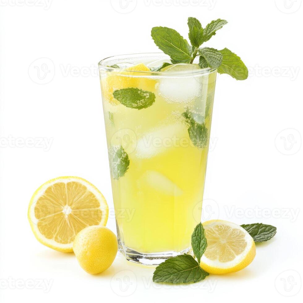 A glass of nimbu pani, with a refreshing drink made from lemon, sugar, and water, garnished with mint leaves and ice, isolated on clean white background. photo