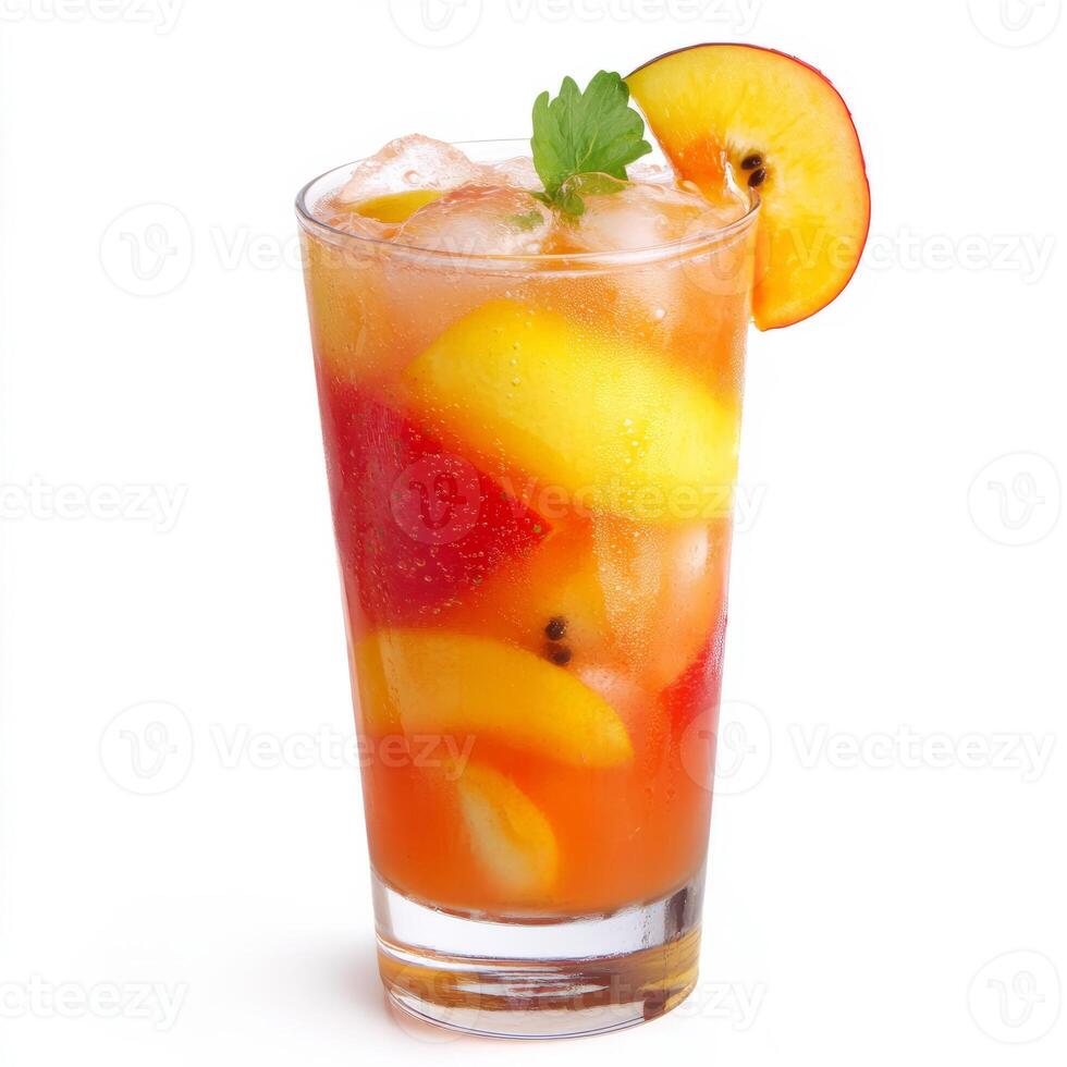 A close-up of a refreshing agua fresca, a light fruit drink made with fresh fruits, water, and a touch of sugar, served in a tall glass with ice and garnished with a fruit slice, isolated on clean photo
