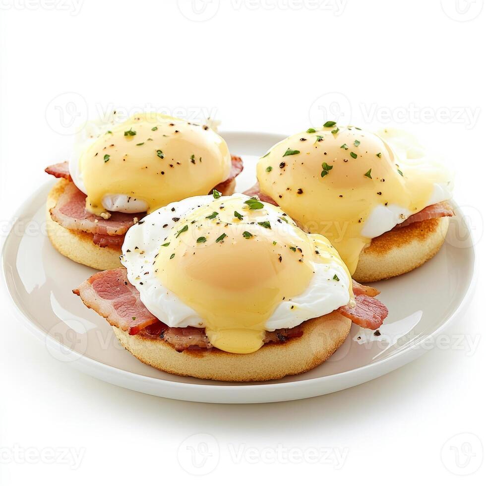 An enticing shot of a plate of eggs benedict, featuring poached eggs, Canadian bacon, and hollandaise sauce, served on an English muffin. The eggs benedict, with their rich, creamy sauce and perfectly photo