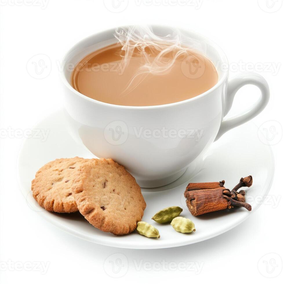 A steaming cup of masala chai, with a rich brown color and aromatic spices, served with cardamom cookies, isolated on clean white background. photo