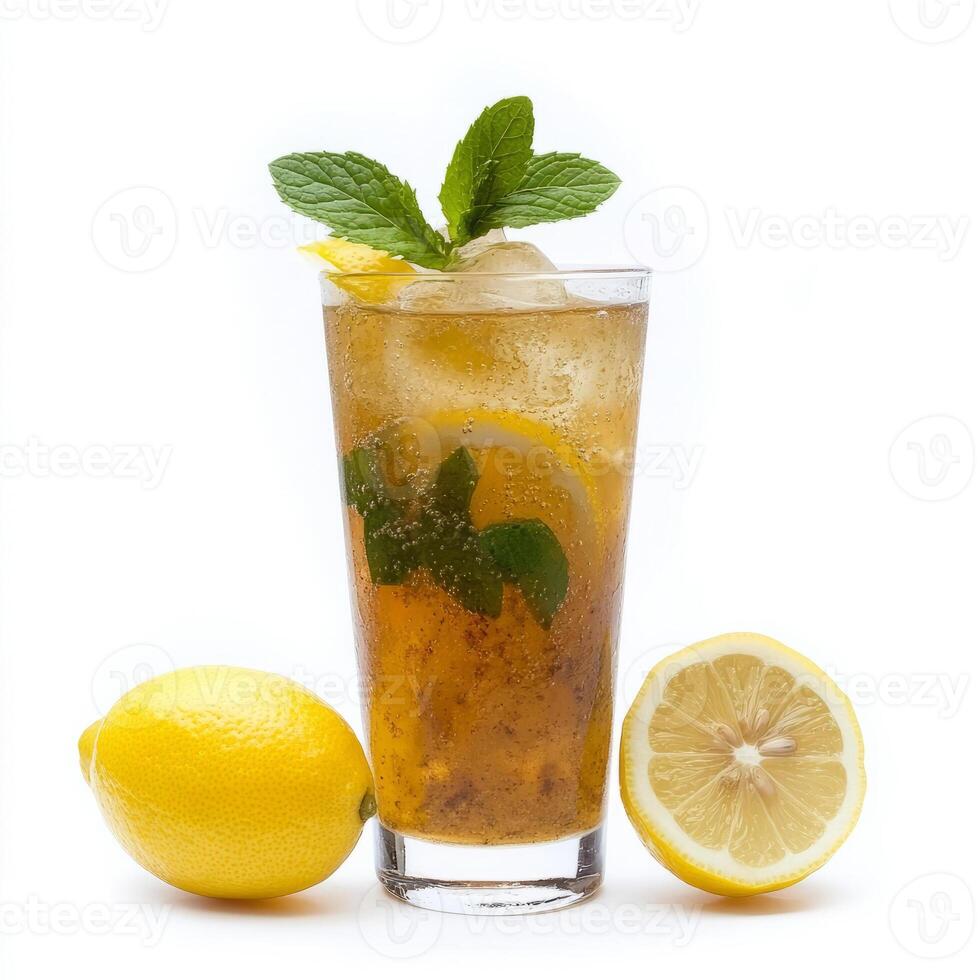 A glass of masala soda, with a refreshing blend of lemon, spices, and soda water, garnished with mint leaves and a slice of lemon, served in a tall glass, isolated on clean white background. photo