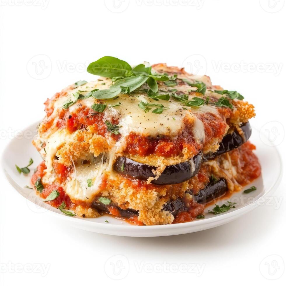 A plate of eggplant parmesan, with layers of breaded eggplant, tomato sauce, and mozzarella cheese, baked until bubbly, isolated on clean white background. photo