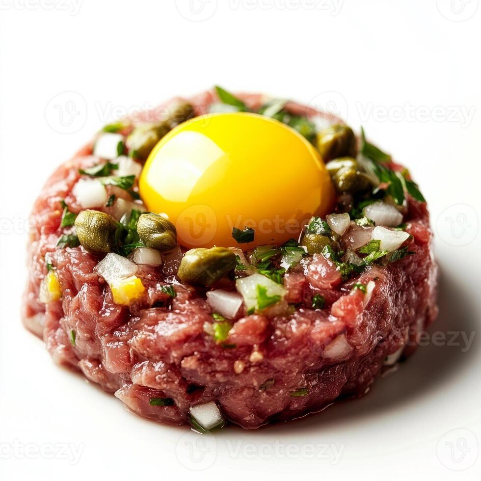 A meticulous close-up of a plate of beef tartare, featuring raw ground beef with capers, onions, and herbs, topped with a raw egg yolk. The beef tartare, with its bold flavors and delicate preparation photo