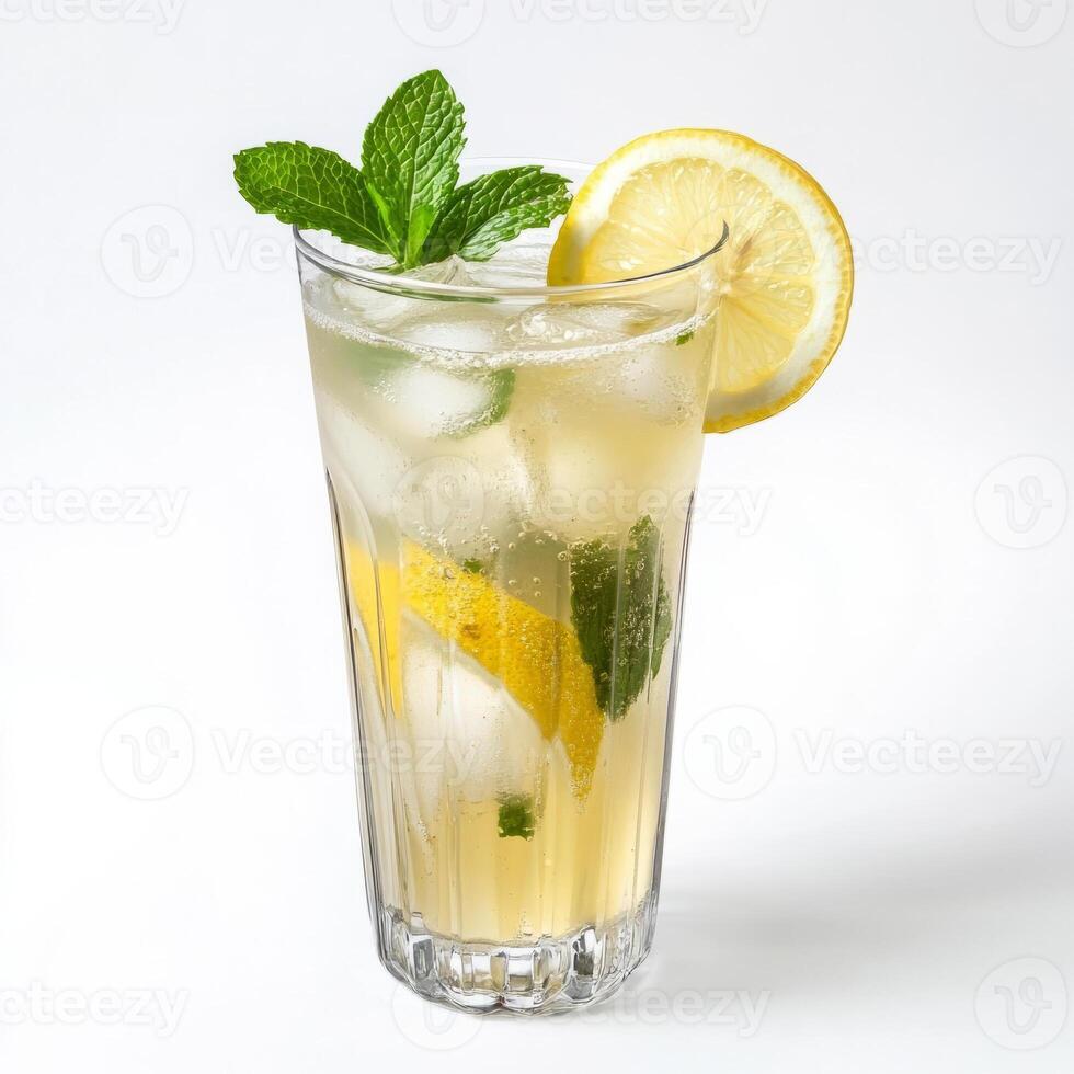 A glass of lemonade with mint leaves and a lemon slice photo