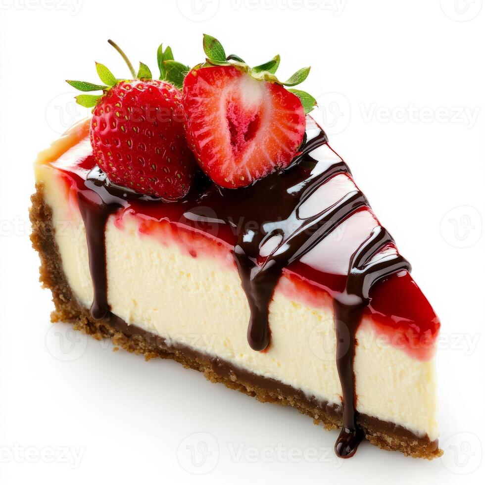 A close-up of a slice of decadent cheesecake, topped with a layer of fresh strawberries and a drizzle of chocolate sauce. The cheesecake, with its creamy and rich texture, offers an indulgent dessert photo