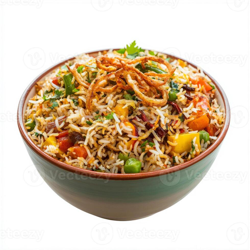 A vibrant bowl of vegetable biryani, with colorful vegetables, basmati rice, and aromatic spices, garnished with fried onions, isolated on clean white background. photo