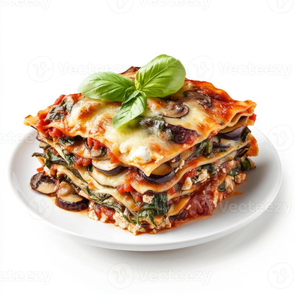 A vibrant plate of vegetable lasagna, with layers of zucchini, eggplant, mushrooms, spinach, ricotta cheese, and marinara sauce, baked until bubbly and golden brown, garnished with fresh basil leaves, photo