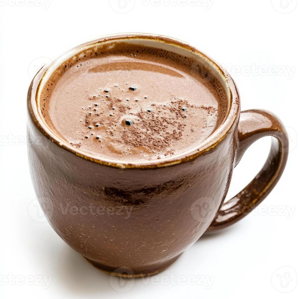 A close-up of a refreshing champurrado, a thick Mexican hot chocolate drink, made with corn masa, chocolate, cinnamon, and piloncillo, served in a mug, isolated on clean white background. photo