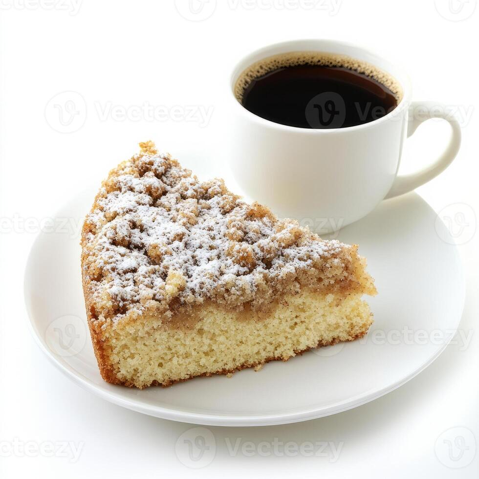 An enticing shot of a slice of coffee cake, topped with a crumbly streusel and a dusting of powdered sugar, served with a cup of coffee. The coffee cake, with its warm, cinnamon-spiced flavor, offers photo