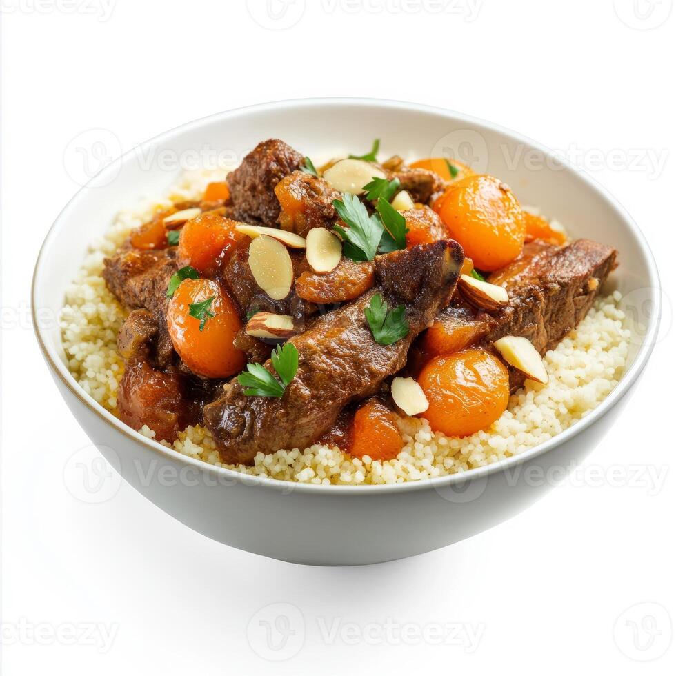 An artistic arrangement of a bowl of Moroccan tagine, featuring tender lamb, apricots, and almonds, served with couscous. The Moroccan tagine, with its sweet and savory flavors and aromatic spices, photo