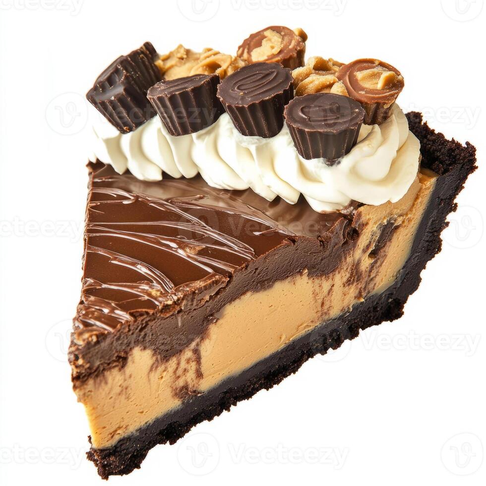 An enticing shot of a slice of chocolate peanut butter pie, featuring a creamy peanut butter filling and a chocolate crust, topped with whipped cream and peanut butter cups. The chocolate peanut photo