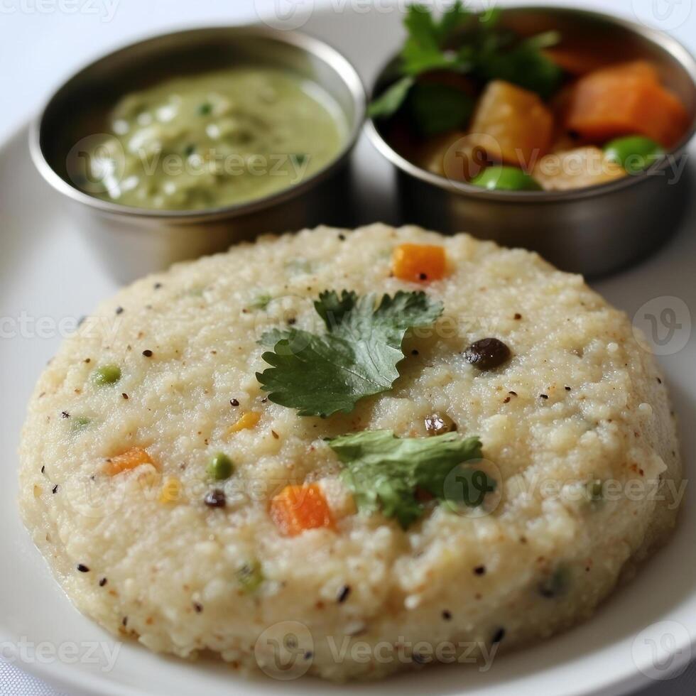 A close-up of a upma, with a savory porridge made from semolina, vegetables, and spices, served with coconut chutney and a sprinkle of cilantro, arranged on a plate, isolated on clean white background photo