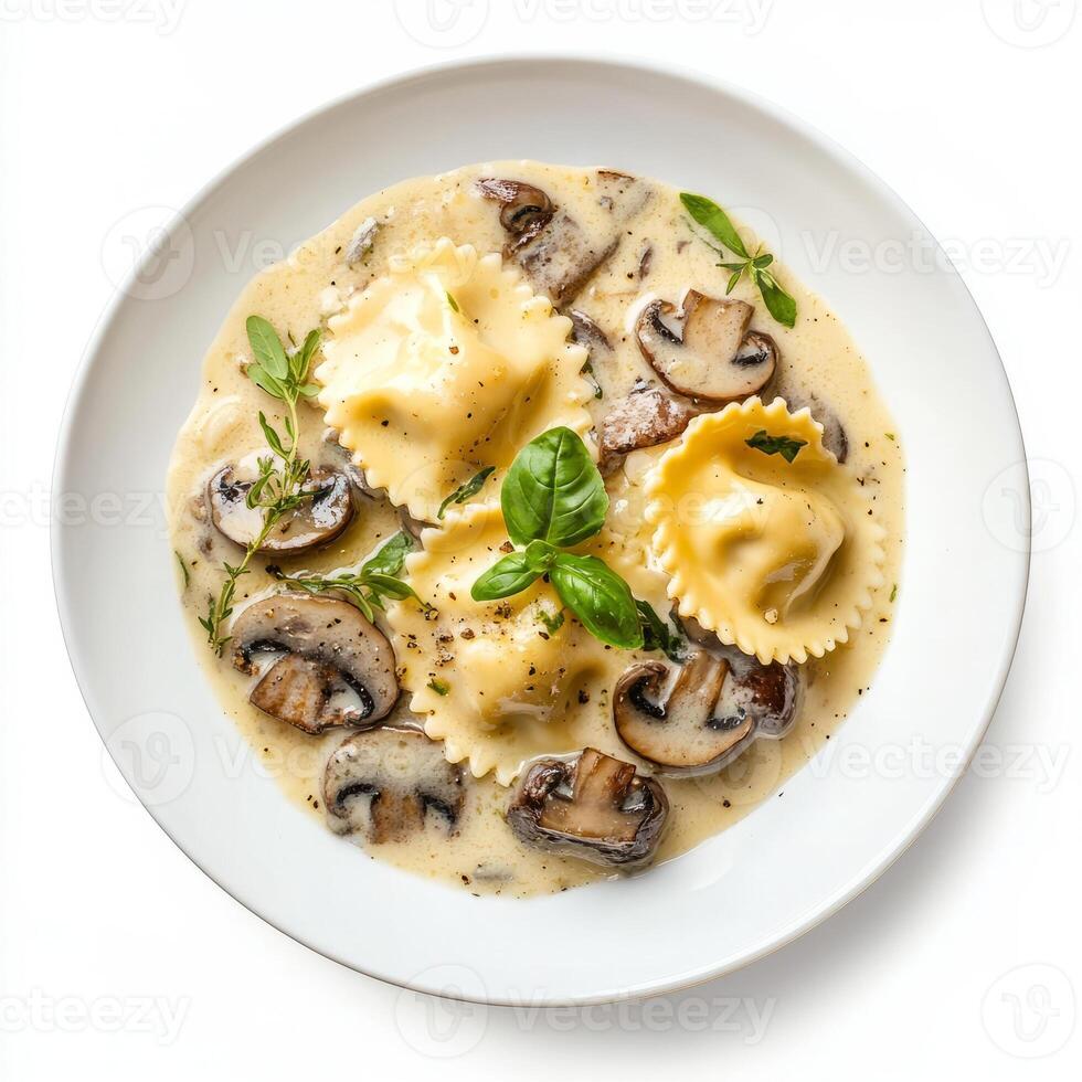 A beautifully arranged image of a plate of mushroom ravioli, served in a creamy Parmesan sauce with truffle oil and fresh herbs. The mushroom ravioli, with their delicate pasta and rich filling, offer photo