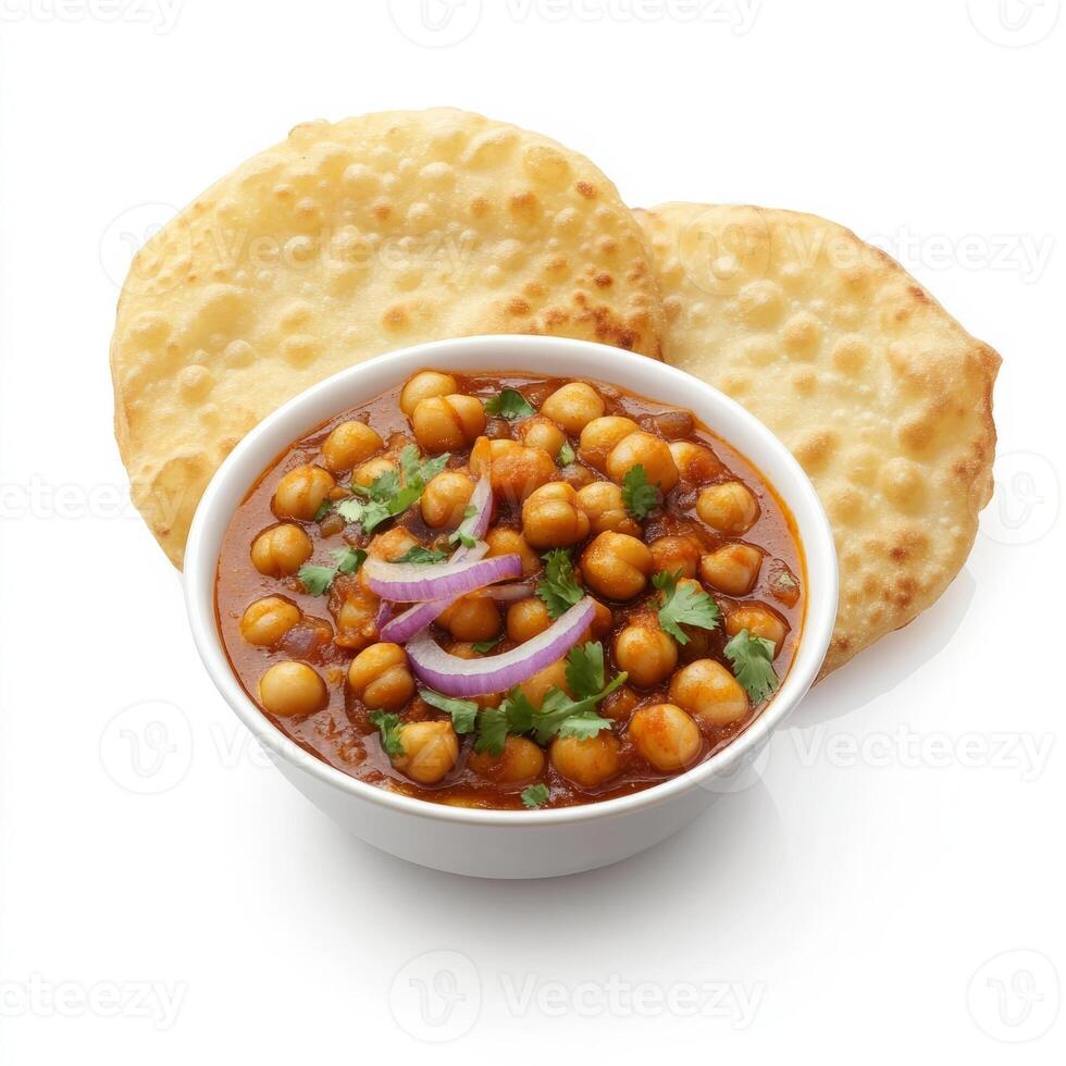 A bowl of chana masala, with chickpeas cooked in a spicy tomato and onion sauce, served with bhatura bread, isolated on clean white background. photo