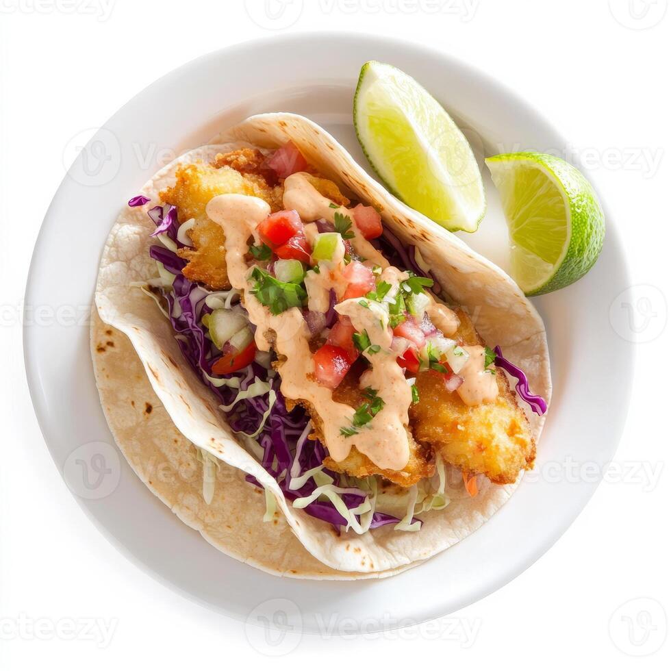 A delicious fish taco platter, with crispy fried or grilled fish, shredded cabbage, pico de gallo, and a creamy chipotle sauce, served on warm corn tortillas with lime wedges. isolated on clean white photo