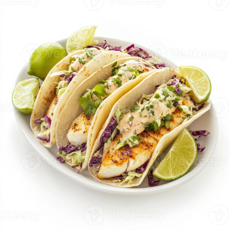 A beautifully arranged platter of fish tacos, featuring grilled white fish, cabbage slaw, and a spicy crema, served with lime wedges. The fish tacos, with their fresh flavors and crunchy slaw, offer a photo