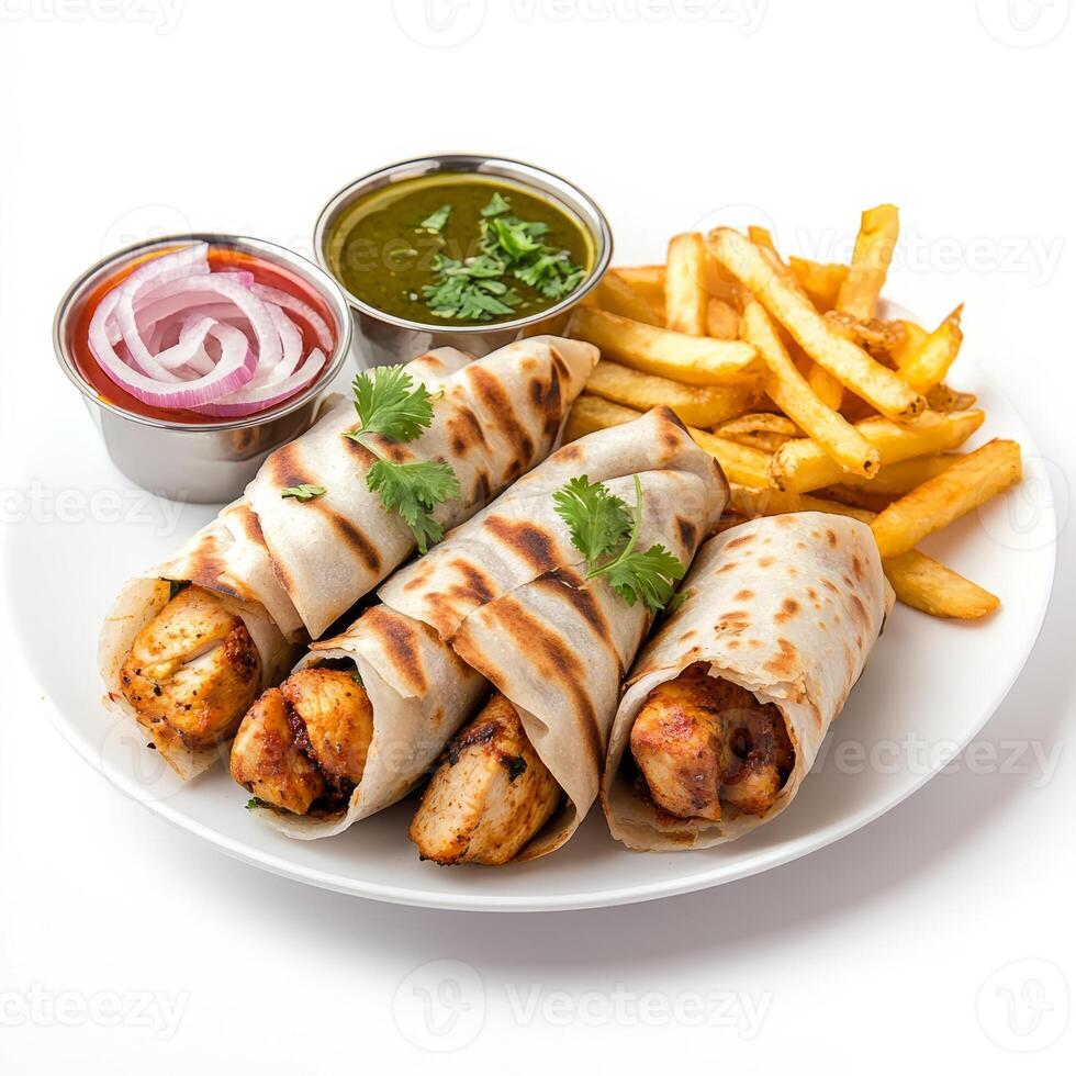 A plate of chicken kathi roll, with chicken cooked with spices and wrapped in a paratha, with onions, chutney, and a side of french fries, arranged on a plate, isolated on clean white background. photo