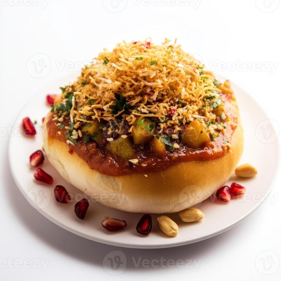A close-up of a dabeli, with a spicy potato mixture stuffed in a bun, topped with chutneys and peanuts, served with pomegranate seeds and sev, arranged on a plate, isolated on clean white background. photo