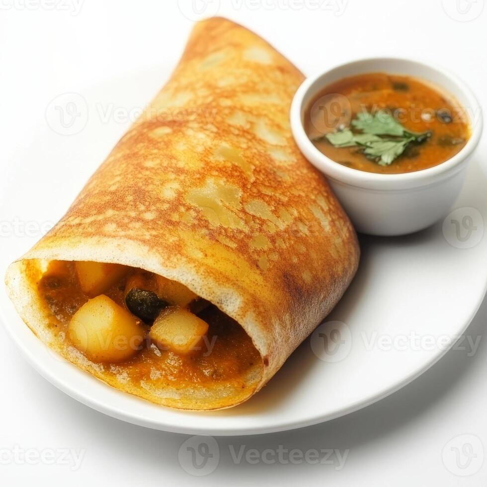 A close-up of a masala dosa, with a crispy crepe filled with spiced potatoes, coconut chutney, and sambar, isolated on clean white background. photo
