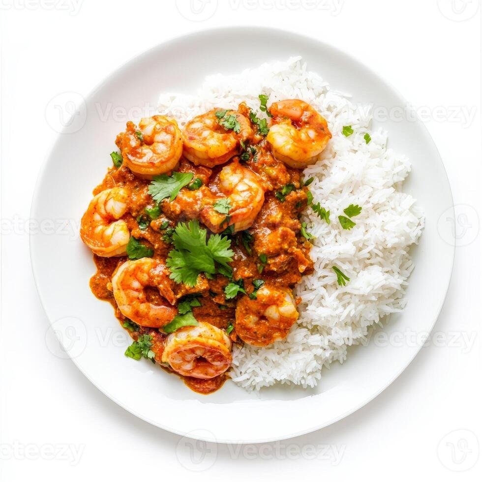 A plate of prawn masala fry, with prawns cooked in a spicy masala sauce, served with rice, isolated on clean white background. photo