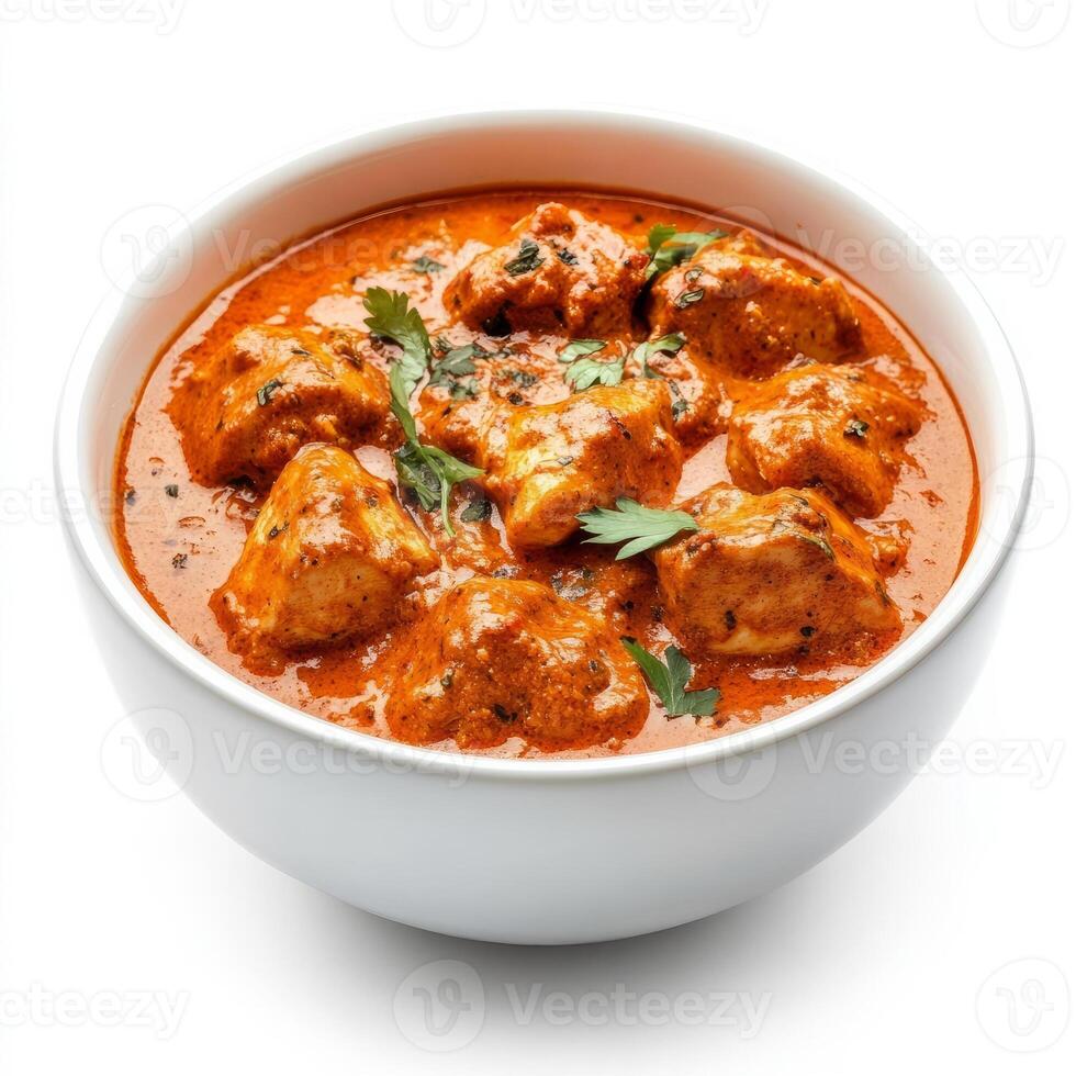 A bowl of chicken tikka masala, with tender pieces of chicken marinated in yogurt and spices, served in a creamy tomato sauce, isolated on clean white background. photo
