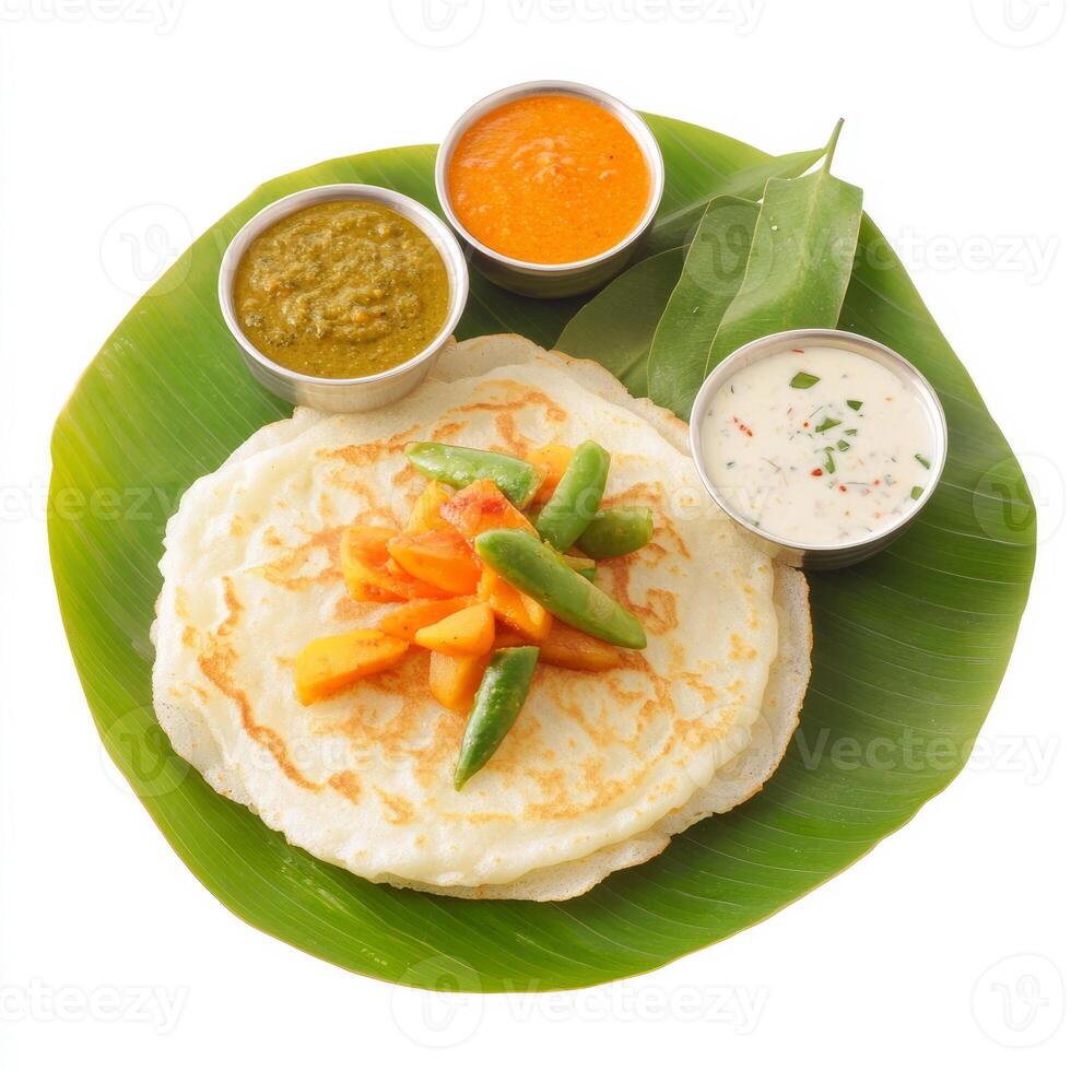A close-up of a uttapam, with a thick pancake made from rice and lentil batter, topped with vegetables, served with sambar and chutney, arranged on a banana leaf, isolated on clean white background. photo