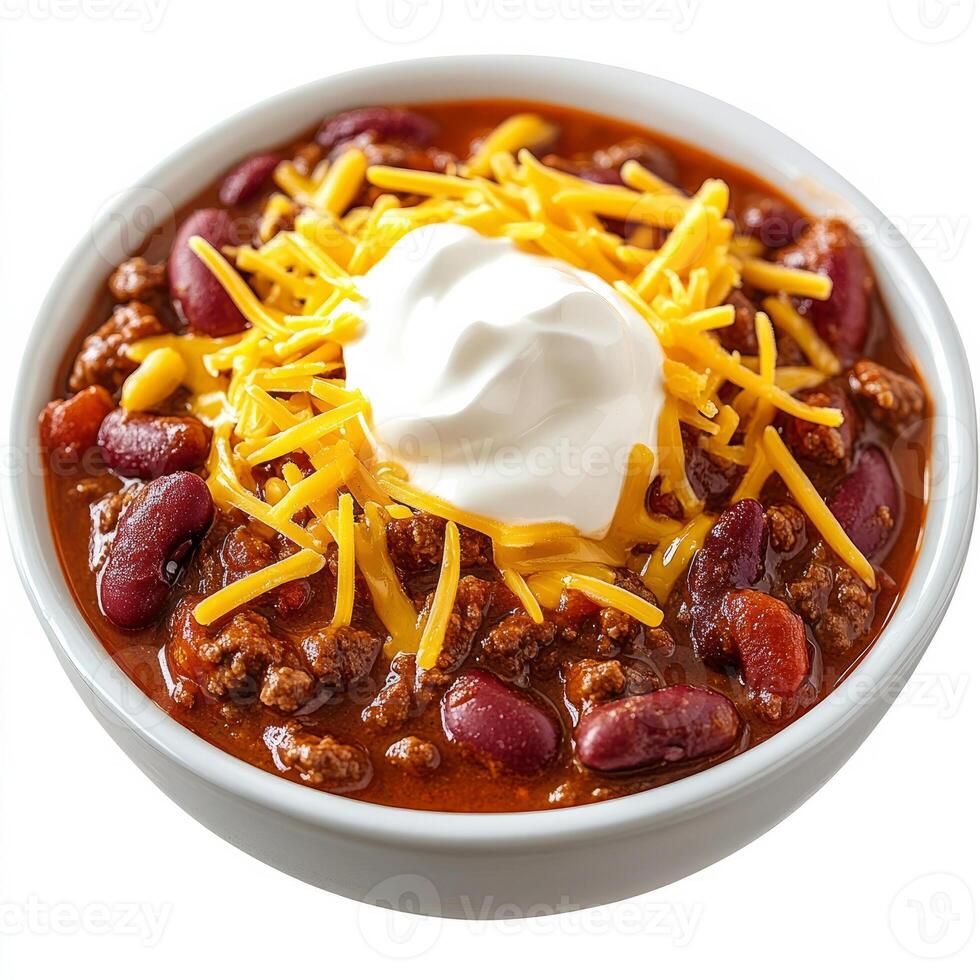 A bowl of chili with cheese and sour cream photo